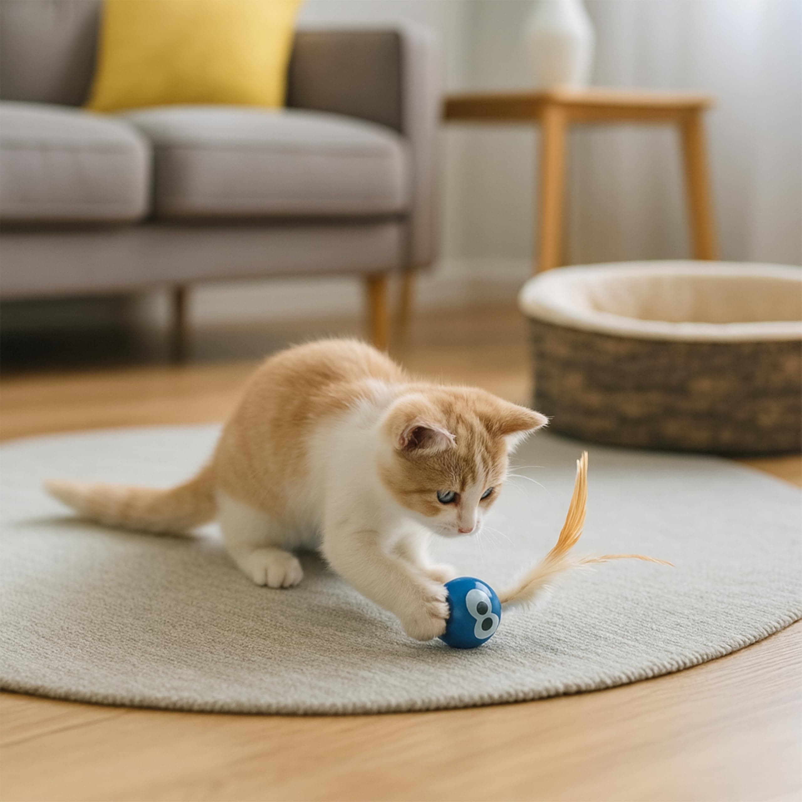 A ginger kitten playing with a toy on a rug