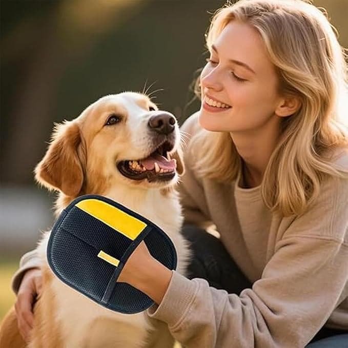 A golden retriever being hugged by their owner